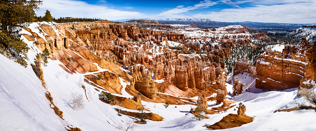 Snow covered Bryce Canyon National Park. Snow covered hoodoos and rock formations.