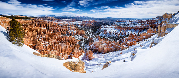 Snow covered Bryce Canyon National Park. Snow covered hoodoos and rock formations.