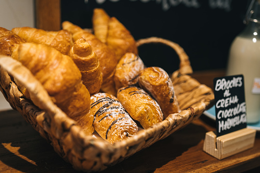 A selection of baked goods at a breakfast buffet