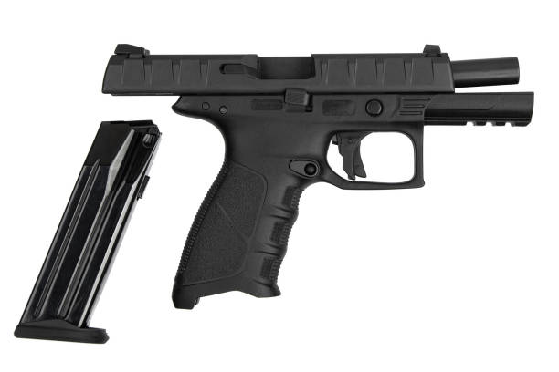 istock Modern semi-automatic pistol isolate on a white background. Armament for the army and police. Short-barreled weapon. 1488956132