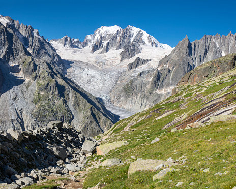 The Mont Blanc massif and Les Aiguilles towers - Savoy alps.