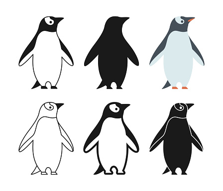 Penguin bird cartoon style set. Funny Antarctic bird cute winter symbol, line doodle or silhouette collection. Flat modern character Penguins icon. Hand drawn simple abstract zoo vector illustration