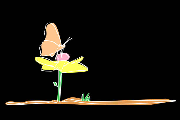 illustrazioni stock, clip art, cartoni animati e icone di tendenza di vettore semplice singolo o una farfalla continua al fiore - butterfly flower single flower grass