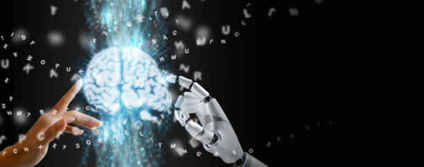 Brain Decoding concept, decode the brain activity and signal into dialog, AI neuroscience ability, artificial intelligence neural decoding. Aman and robot hands activate the decoder process concepto de decodificación cerebral, decodificar la actividad cerebral y la señal en diálogo, capacidad de neurociencia de ia, decodificación neuronal de inteligencia artificial. aman y las manos del robot activan el proceso del decodificador