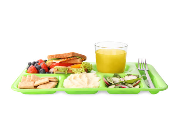 serving tray with tasty healthy food and juice isolated on white. school dinner - tray lunch education food imagens e fotografias de stock