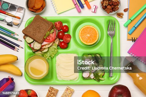 istock Serving tray of healthy food and stationery on white wooden table, flat lay. School lunch 1488971432