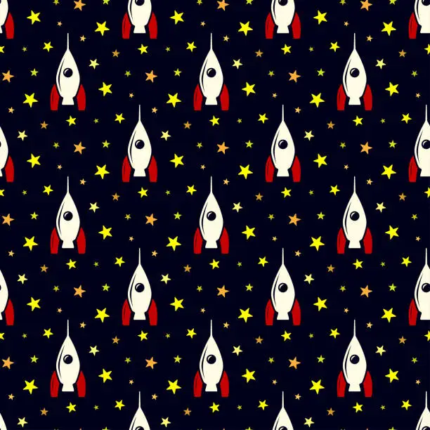 Vector illustration of Small white space rockets and yellow stars isolated on a dark blue background. Cute seamless pattern. Vector simple flat graphic illustration. Texture.