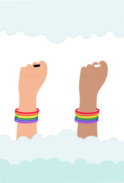 illustrazioni stock, clip art, cartoni animati e icone di tendenza di lgbt è celebrato con i pugni alzati al cielo. - gay pride wristband rainbow lgbt