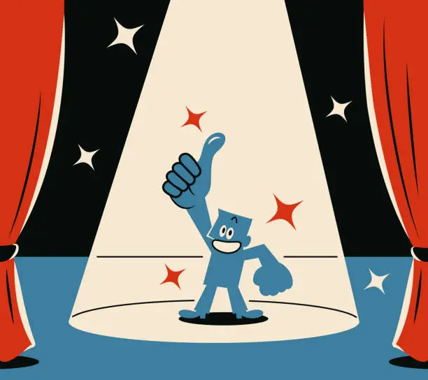 Vector illustration of A smiling blue man giving a thumbs-up on stage with a spotlight