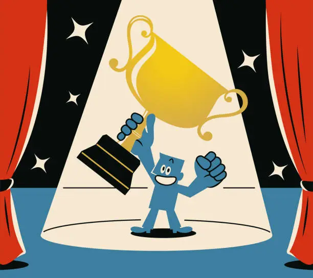 Vector illustration of A smiling blue man holding the trophy aloft on stage with a spotlight