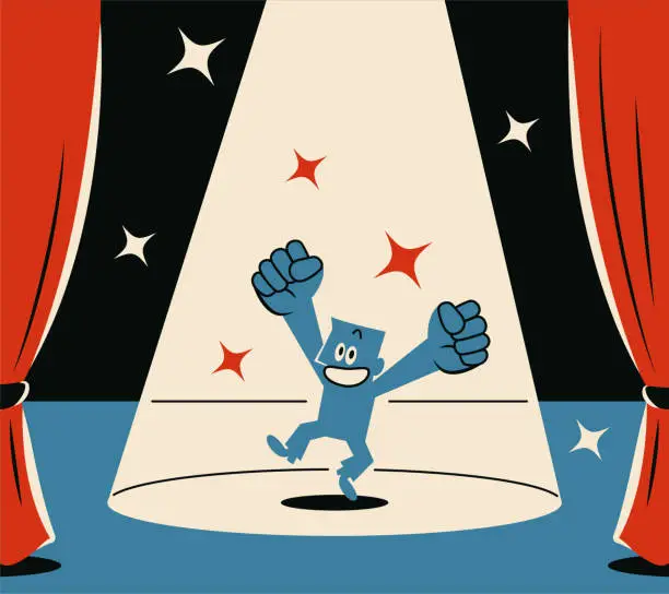 Vector illustration of A smiling blue man stamping and cheering on stage with a spotlight