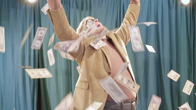 Retro Styled Man Celebrates in Falling Money