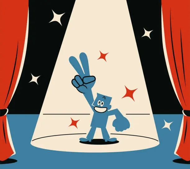 Vector illustration of A smiling blue man holds up the index and middle fingers to signal victory or peace on stage with a spotlight