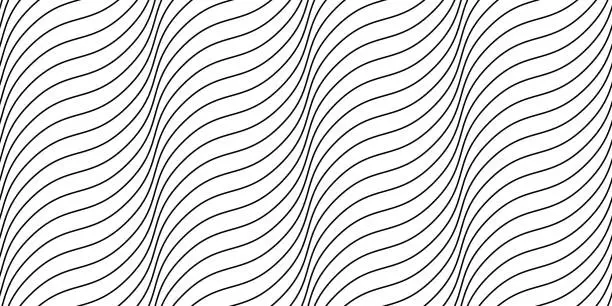 Vector illustration of Wavy lines seamless pattern. Undulate stripes repeating background. Black and white diagonal waves texture. Simple curved linear wallpaper. Textile and fabric design template. Vector