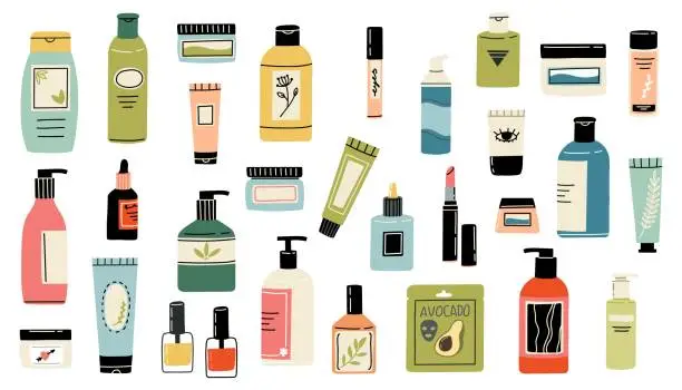 Vector illustration of Beauty skincare products. Makeup cosmetic. Cleanser lotion lipstick jar. Vector skin care illustration