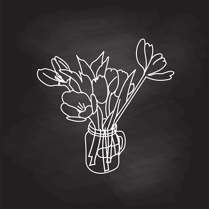 Spring tulips in a mason jar vase bring the brightness of the sun wherever they are placed. This fun a delightful set of blooms will chase any clouds away. Hand drawn vector illustration.