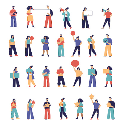 Collection of people illustrations. Man and women with speech bubbles, feedback stars, megaphones,. Communication and feedback concept vector design
