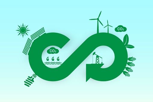 Green eco infinity, net zero, circular economy, renewable enwergy and save the world concept. Sustainable development. Eco banner.