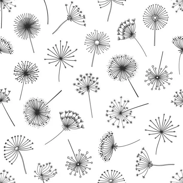 Vector illustration of Dandelion silhouettes monochrome seamless pattern