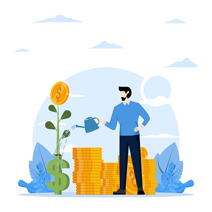 income or income concept, Money growth, investment profit growth or retirement pension fund, increase in wealth and income, businessman watering the seeds growing on the interest of dollar money coins.