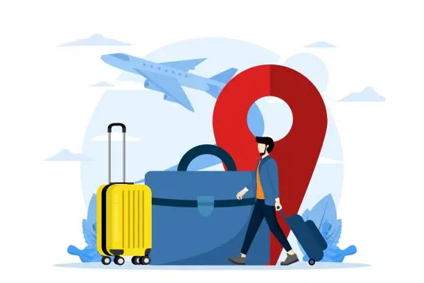 Vector illustration of Business or tourism travel concept, work on the go. Business traveler in airport departure area waiting for flight. Vector illustration of business trip.