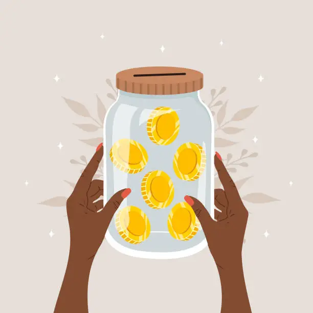 Vector illustration of Donation money. African female hands holding glass jar with gold coins. Financial support for homeless and poor people. Fundraising Concept. Vector illustration in cartoon style