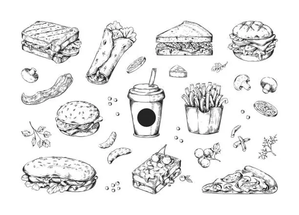 Vector illustration of Fast food sketch. Chicken and sandwich drawing. Vintage cheese burger. Pita with vegetables. Hot pizza. Hamburger and hotdog. Sweet waffle. Engraving snacks set. Vector doodle background