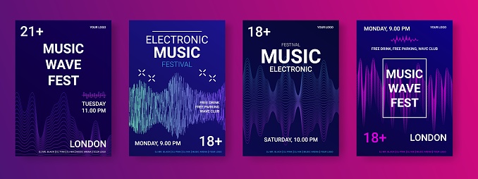Electronic music festival. Future posters. Electro wave equalizer. Frequency soundwave. Minimal banner with 3D technology. Musical waveforms. Invitation event flyers design set. Vector abstract layout