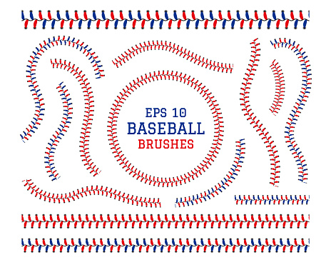 Baseball lace stitch. Softball seam. Leather brush thread sew. Base ball texture for logo. Circle or line sewing. Play competition sport. Hardball binder stripe. Curve stitches set. Vector pattern