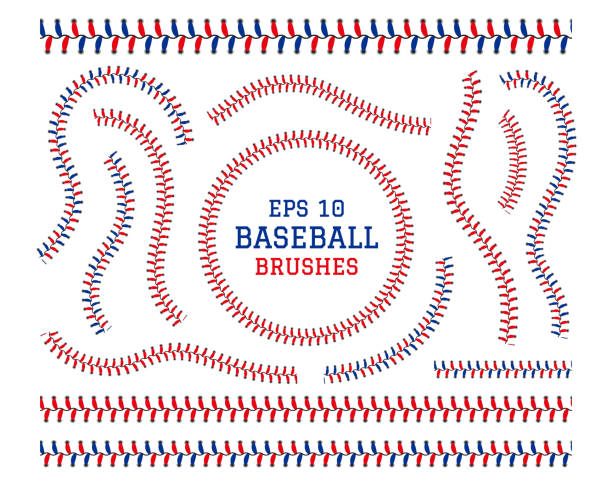 Baseball lace stitch. Softball seam. Leather brush thread. Base ball texture for logo. Circle or line sewing. Competition sport. Hardball binder stripe. Curve stitches set. Vector pattern Baseball lace stitch. Softball seam. Leather brush thread sew. Base ball texture for logo. Circle or line sewing. Play competition sport. Hardball binder stripe. Curve stitches set. Vector pattern baseball threads stock illustrations