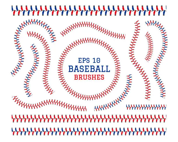 Vector illustration of Baseball lace stitch. Softball seam. Leather brush thread. Base ball texture for logo. Circle or line sewing. Competition sport. Hardball binder stripe. Curve stitches set. Vector pattern