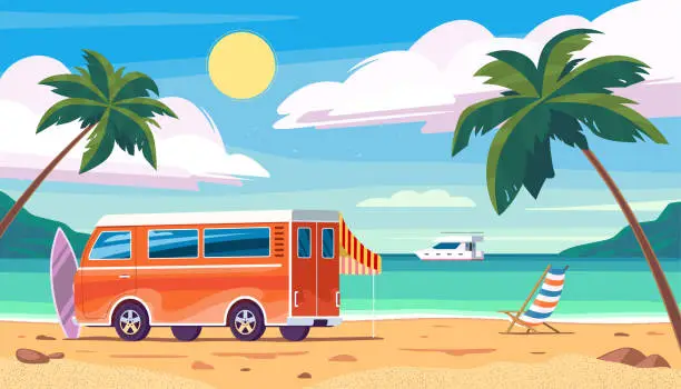 Vector illustration of Tropical landscape with sea, sandy beach, palm trees, blue sky, camper van, deck chair, surfboard, yacht. Vector illustration in cartoon flat style. Summer vacation and travel concept.