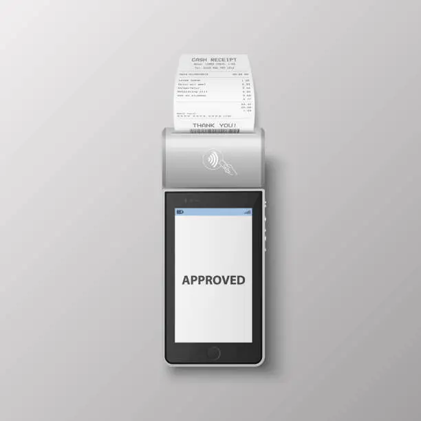 Vector illustration of Vector 3d White NFC Payment Machine with Approved Status and Paper Receipt, Bill. Wi-fi, Wireless Payment. POS Terminal, Machine Design Template of Bank Payment Contactless Terminal, Mockup. Top View