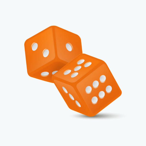 vector 3d realistic orange game dice with white dots set closeup isolated on white background. game cubes couple for gambling in different positions, casino dices, round edges - kare i̇ki boyutlu şekil stock illustrations