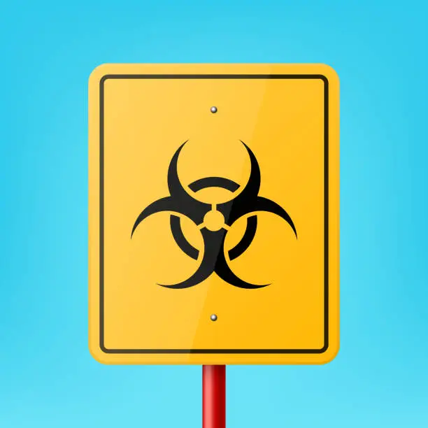 Vector illustration of Vector Yellow Rectangular Road Sign Frame with Biohazard, Radiation Sign, Icon, Nuclear Warning Symbol Icon Closeup on Blue Background. Road Pointer Plate Design Template, Front View