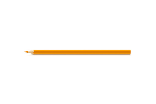Realistic yellow pencil sharpened with red rubber isolated on white background. Wooden school pencil.