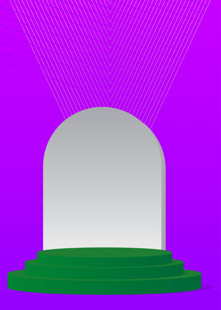 istock Green, purple and white cylinder pedestal podium. Abstract stage showcase with minimal geometric forms. Mockup product display, empty scene for presentation. 1489008791