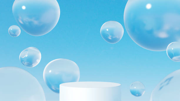 istock 3D Illustration.Space with multiple round water drops. Pedestal of a white cylinder. (Horizontal) 1489011976