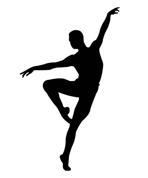 illustrazioni stock, clip art, cartoni animati e icone di tendenza di siluetta di un ballerino maschio in un salto di balletto - danza-moderna