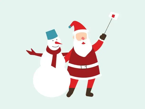 Vector illustration of Santa stands next to the snowman.