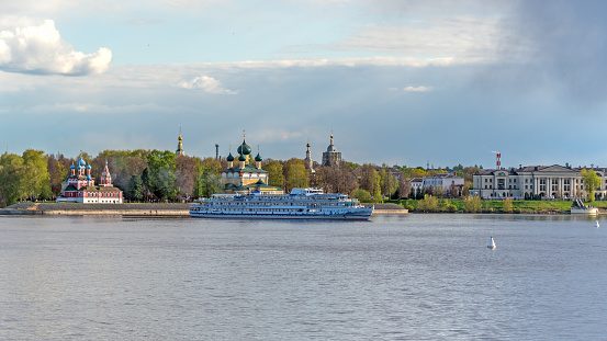 Cruise ship on the Volga River near the town of Uglich in Russia. Golden Ring of Russia.