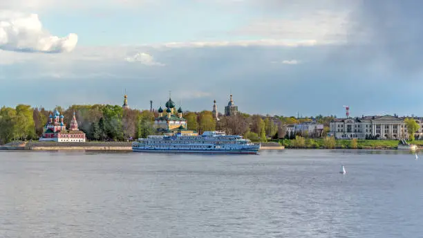 Cruise ship on the Volga River near the town of Uglich in Russia. Golden Ring of Russia.