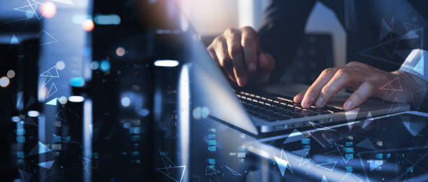 istock Digital technology, big data, global business concept and futuristic technology backgroind. Businessman working on laptop and digital tablet with internet network, cloud computing 1489023660
