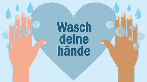 Banner, sign with two hands and German (Germany) text: Wasch deine Hände, means Wash your hands. Dimension 16:9. Vector illustration. Banner, sign with bubbles and water drops, two hands and German (Germany) text: Wasch deine Hände, means Wash your hands. Dimension 16:9. hände stock illustrations