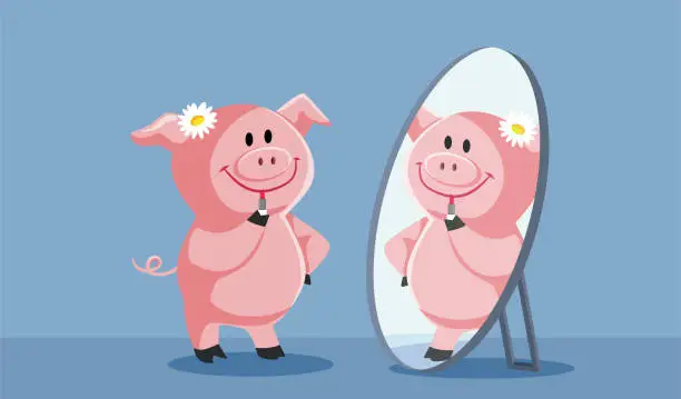 Vector illustration of Pig Putting on Lipstick Smiling in the Mirror Vector Cartoon