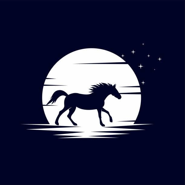 ilustrações, clipart, desenhos animados e ícones de cavalo na lua logotipo do vetor - barn farm moon old