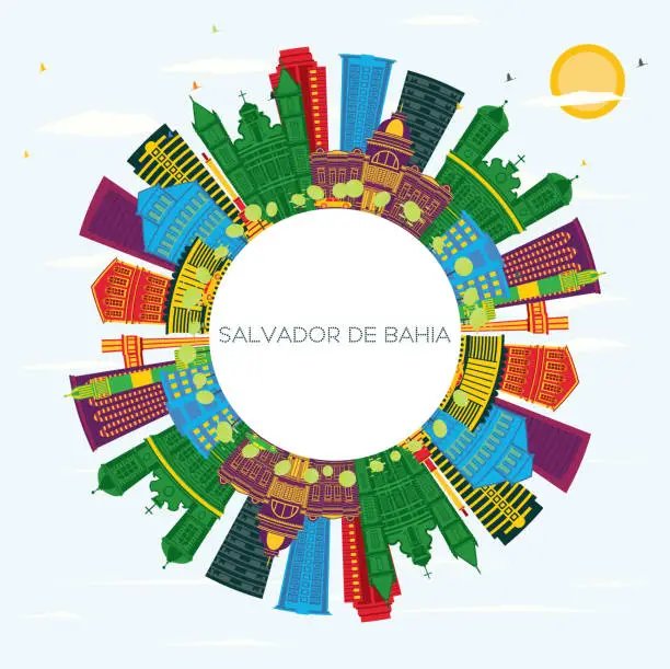 Vector illustration of Salvador de Bahia City Skyline with Color Buildings, Blue Sky and Copy Space. Salvador de Bahia Cityscape with Landmarks.