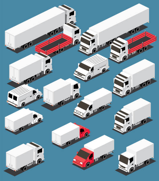 isometrische lkw-sammlung. gewerbliches transport-set. logistik. stadtobjekt für infografiken. - truck pick up truck side view car stock-grafiken, -clipart, -cartoons und -symbole