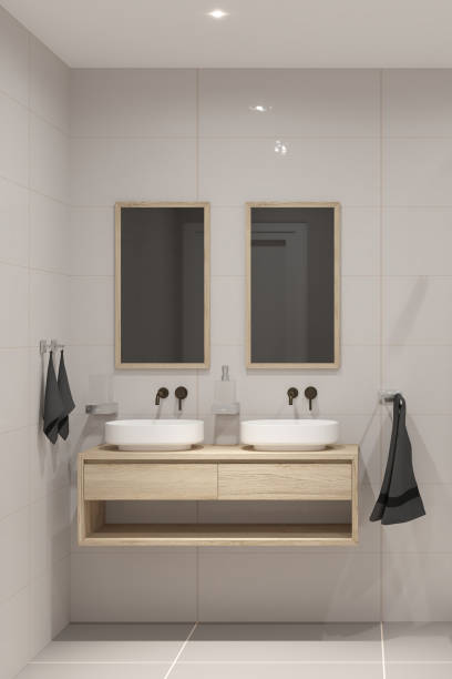 3D render of modern bathroom design with two sinks and white tiles.