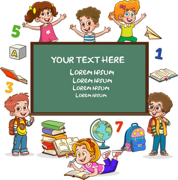 ilustrações de stock, clip art, desenhos animados e ícones de little children studying and playing at preschool classroom vector.a cartoon of kids with a blackboard that says your text here. - blackboard teaching preschool alphabet